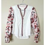 Anthropologie Simona Top Womens XS White Pink Embroidered Floral Puffy Sleeve Photo 0
