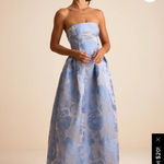 Lulus  Slate Blue Floral Jacquard Pleated Strapless Maxi Dress Formal Photo 1