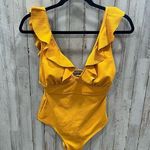 Yellow Ruffle Ribbed One Piece Deep V Swim Bathing Suit Photo 0