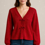 Cato  Fashions SHIMMER BOW BUTTON CARDIGAN Holly Red Sparkle Holidays Large Photo 0