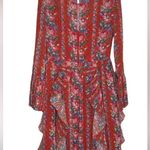 Mikael Aghal Pleated Ruffle Floral cocktail spring Georgette Dress formal 450$ Red Size 12 Photo 3