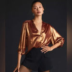 Anthropologie  Gold Copper Metallic Shimmer Foil Blouse V-Neck Size Medium M Photo 2