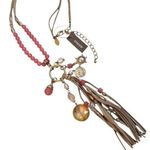 Chico's NWT Chico’s Leather Beaded Tassle Necklace Tan Gold Pink Photo 0