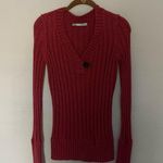 Long Sweater Burnt Red Rust Low V Ribbed with Oversized Button Size L Photo 1