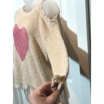 Cato  Distressed Cold Shoulder Knit Sweater Pink Heart Cream Medium Valentines Photo 3
