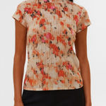 DKNY  Orange Blossom Mock Neck Short Sleeve Blouse Size L NWT Photo 0