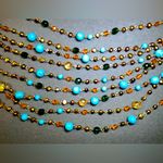 Multi Strand Beaded Necklace Gold Tone Metal, Turquoise, Green & Amber By Sequin Blue Photo 1