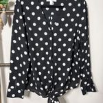 Popsugar  Black White Polka Dot V Neck Tie Front Long Sleeve Blouse Size Large Photo 3