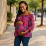 Bisou Bisou ‎ Womens Blouse S Maternity Blouson Off Shoulder Top Red Purple NEW Photo 1