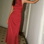 Commense Womens Cowl Neck Satin Long Dress Cross Backless Red Size Large NWT Photo 0