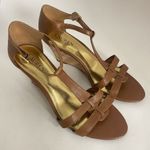 Lauren Ralph Lauren Wedge Sandals Women 10B T Strap Harleen Leather Cork Heels Brown Size 10 Photo 1
