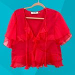 DO+BE Ruffled Pink V-Neck with Tie Closure Short Sleeve Blouse Photo 0