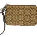Coach Jacquard Logo Brown Tan Zip Leather Clutch Wristlet Bag Pouch Photo 0
