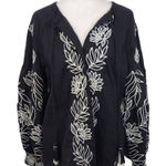 Chico's  Black Linen Cardigan Size Small Black and White Embroidered Linen Top Photo 0