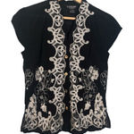Citron Black Bamboo Button Up Blouse‎ with White Embroidery XS Petite Boho Coast Size undefined Photo 0
