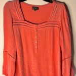Wonderly  Womans Coral Peasant Button Up Square Top 3/4 Elastic Sleeve Blouse L Photo 0