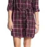 Banana Republic  Plaid Shirt‎ Dress Long Sleeve Belted Size 12 Burgundy Photo 0