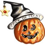 Trick or Treat Jack o Lantern Witch Hat Brooch Enamel Halloween AJMC 2" Vtg Orange Photo 0