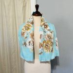 Women Floral Shawl Square Fringed Light Blue Tan Cream Elegant Accessory Photo 2