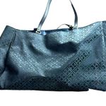 Tommy Hilfiger  Large Canvas Tote Bag Black On Black FauxLeather Straps 18X11X5 Photo 2