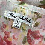 Vintage Y2K Blue Sketch Sheer Floral Lace Trim Back Tie Blouse Top Size L Photo 3