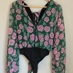 Lulus  Silky V-Neck Long Puff Sleeve Green Purple Floral Bodysuit Top XS Formal‎ Photo 0