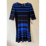 Gabby Skye Sz 8 Blue Black Stripe Elbow Sleeve Fit Flare Stretch Midi Dress Zip Photo 2