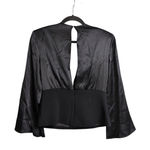 Cinq à Sept Black Satin Plunge Neck Peplum Blouse Bell Sleeves Top | Size 8 Photo 3