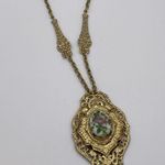 Vintage Victorian Revival filigree 27” necklace. Painted rose on porcelain Gold Photo 1