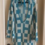 Teal and White Geometric Crochet Open Back Dress Blue Size L Photo 2