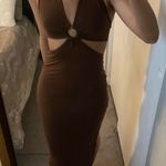 NEW Brown Front Cut Out Halter Neck Back Tie Midi Dress Size M Photo 3