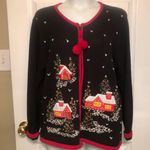 Christmas Cabins at Night Size XL Tacky Ugly Holiday Zip Cardigan Sweater Pom Photo 8