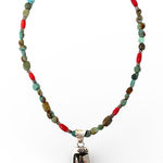 Vintage Navajo sterling silver Kokopelli, inlaid green Jasper, turquoise nklc Photo 0