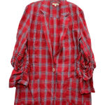 Max Studio Women's Red Plaid Blazer Jacket Ruched Sleeve Linen Holiday XL Photo 0
