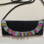 Vintage black beaded bag with pink, blue, and green ruffle trim Photo 6