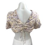 H&M Multicolor Floral Linen Short Puff Sleeve Tie Back Crop Blouse Top Size L Photo 1