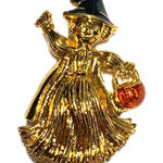 Vintage Halloween Witch Brooch – Gold Tone with Pumpkin Bucket Photo 0
