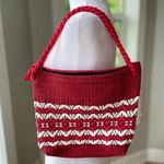 Vintage Handmade Red Black White Woven Fisherman Bag Rope Handles Brass Zipper Photo 0