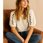 Vintage Hand Knit French Girl Preppy Coastal Short Sleeve Sweater With Pom Poms White Photo 0