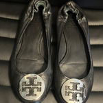 Tory Burch Black Flats with Silver Logo, Size 8 Photo 0