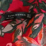 ZARA  red floral button front shirt dress womens medium blue tropical coconut Photo 3