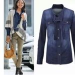 CAbi  Waterfront Denim Chambray Tie Neck Button Down Blouse Photo 1