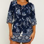 Angie  Blue White Floral Boho Romper – Size Large Photo 0