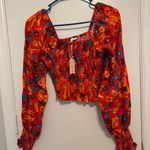 Madison D’Amelie MAISON D'AMELIE Boho Chic Linen Smocked Crop Top Orange Floral Small Photo 0