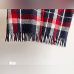 Tahari  Blue Check Button Wool Blend Fringe Over Coat Size Large Photo 2