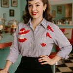 Las Olas Vintage Red Hat Society Style Applique Striped Button Down Shirt L Photo 0