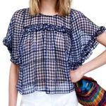 ZARA Navy Blue White Gingham Sequin Flutter Sleeve Sheer Peplum Blouse size M Photo 1