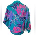 Moda Le Vintage 90s Bright Teal Pink Tropical Coastal Boho Floral Leafy Sweater Photo 4