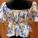 EXPRESS  Floral Square Neck Puff Sleeve‎ Peplum Top Blouse Blue Yellow Size Large Photo 10