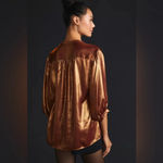 Anthropologie  Gold Copper Metallic Shimmer Foil Blouse V-Neck Size Medium M Photo 4